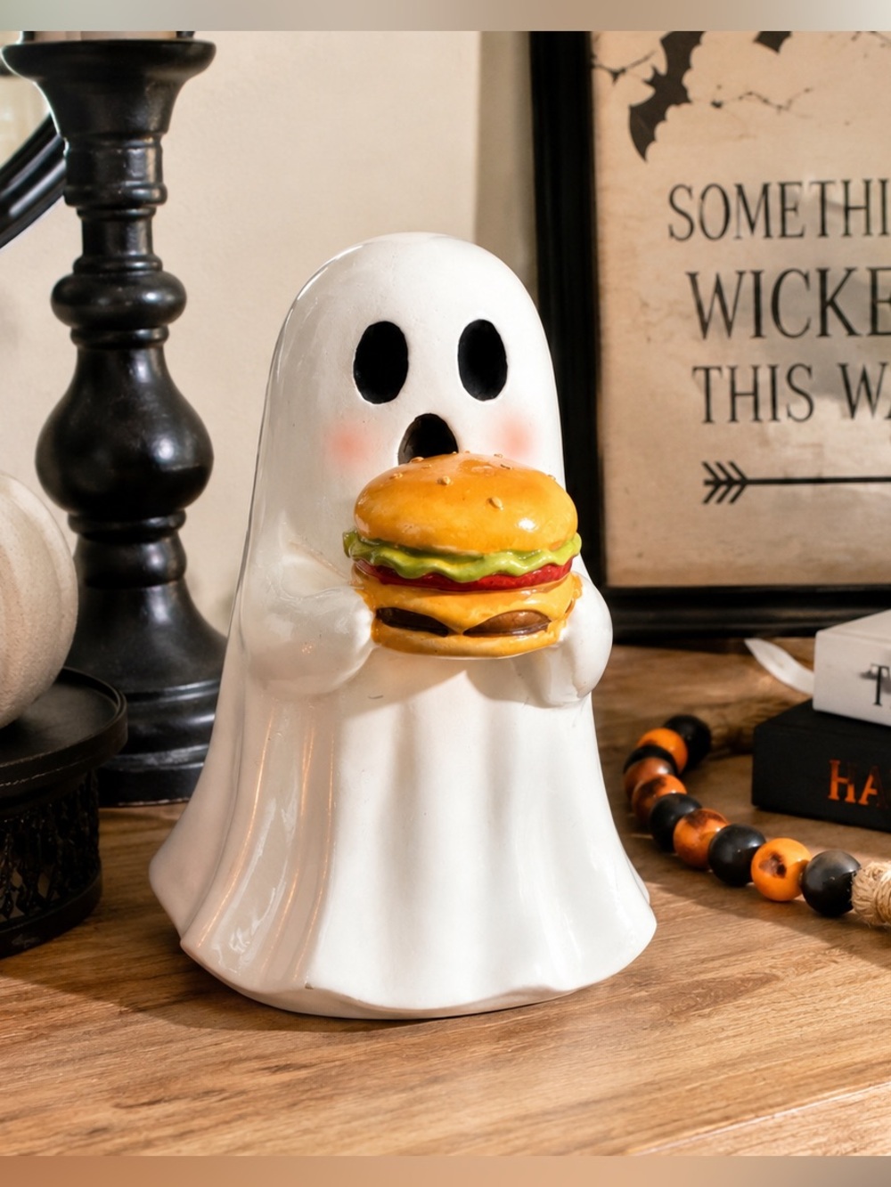 Ghost Holding Cheeseburger Halloween Figurine | Cute Foodie Ghost Decor